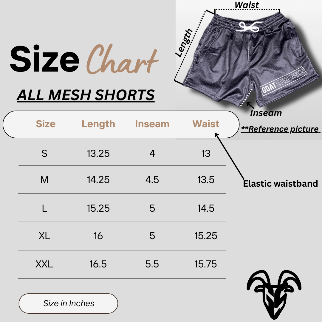 Goat Strength mesh shorts size chart