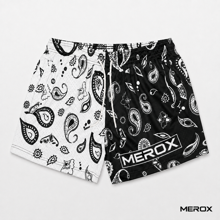 MEROX black and white bandana 5-inch mesh shorts front view