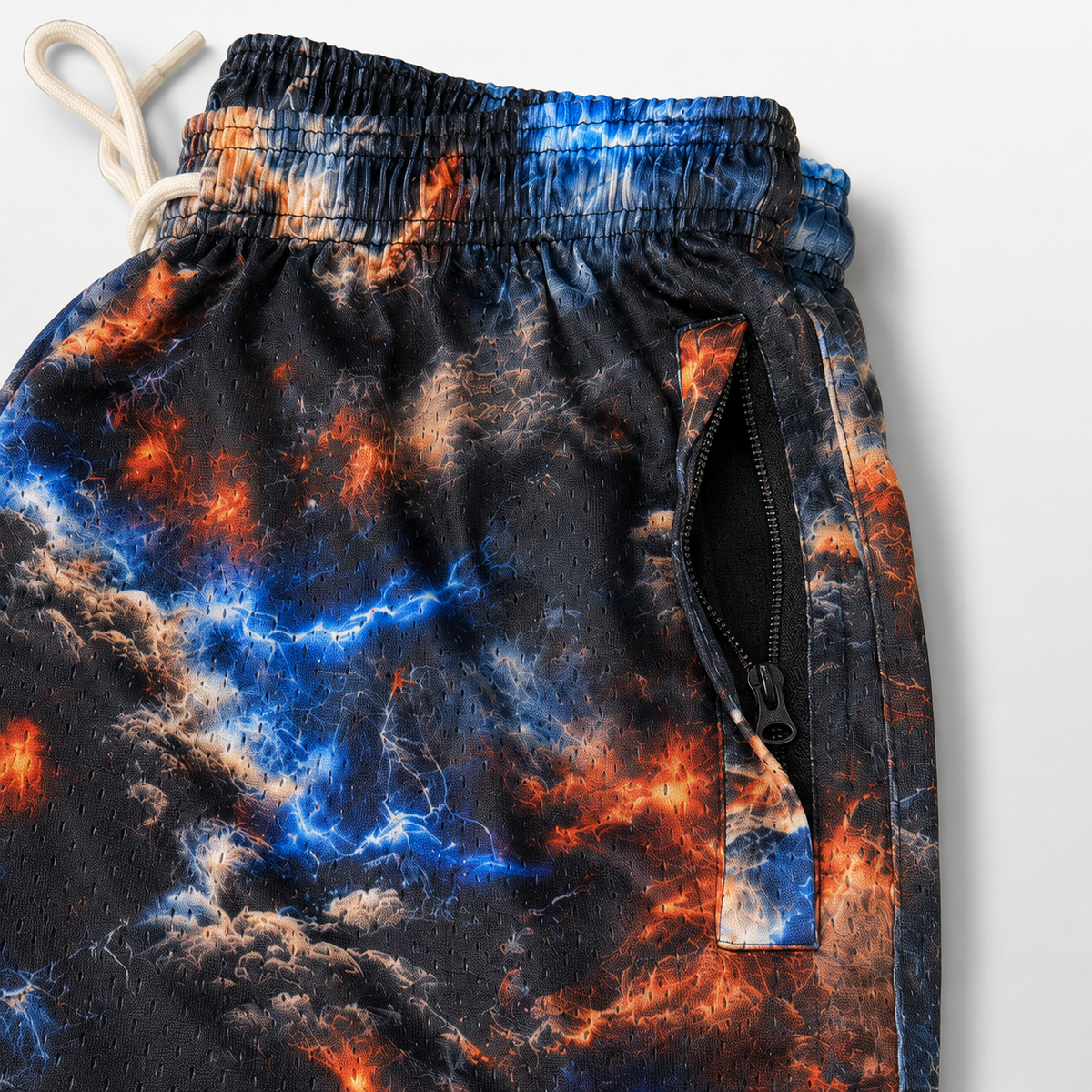 MEROX Galaxy Storm Cloud mesh shorts zipper pocket detail