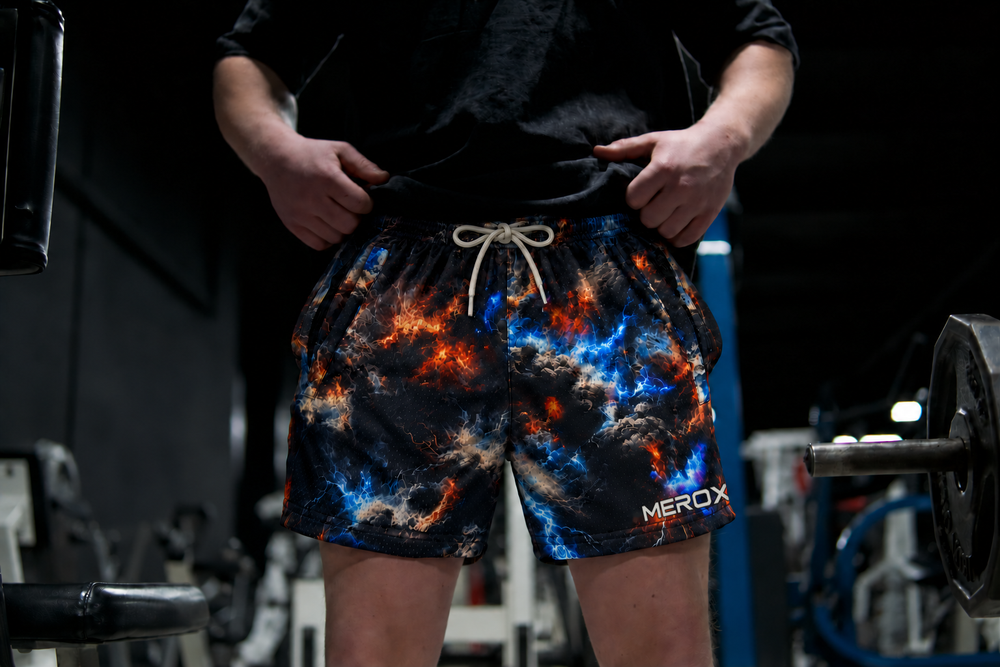 Approved male model wearing MEROX Galaxy Storm Cloud mesh shorts