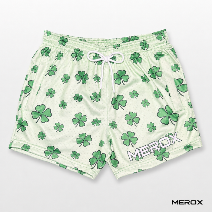 Front view of MEROX St. Patrickβs Day shamrock and four-leaf clover 5-inch mesh shorts