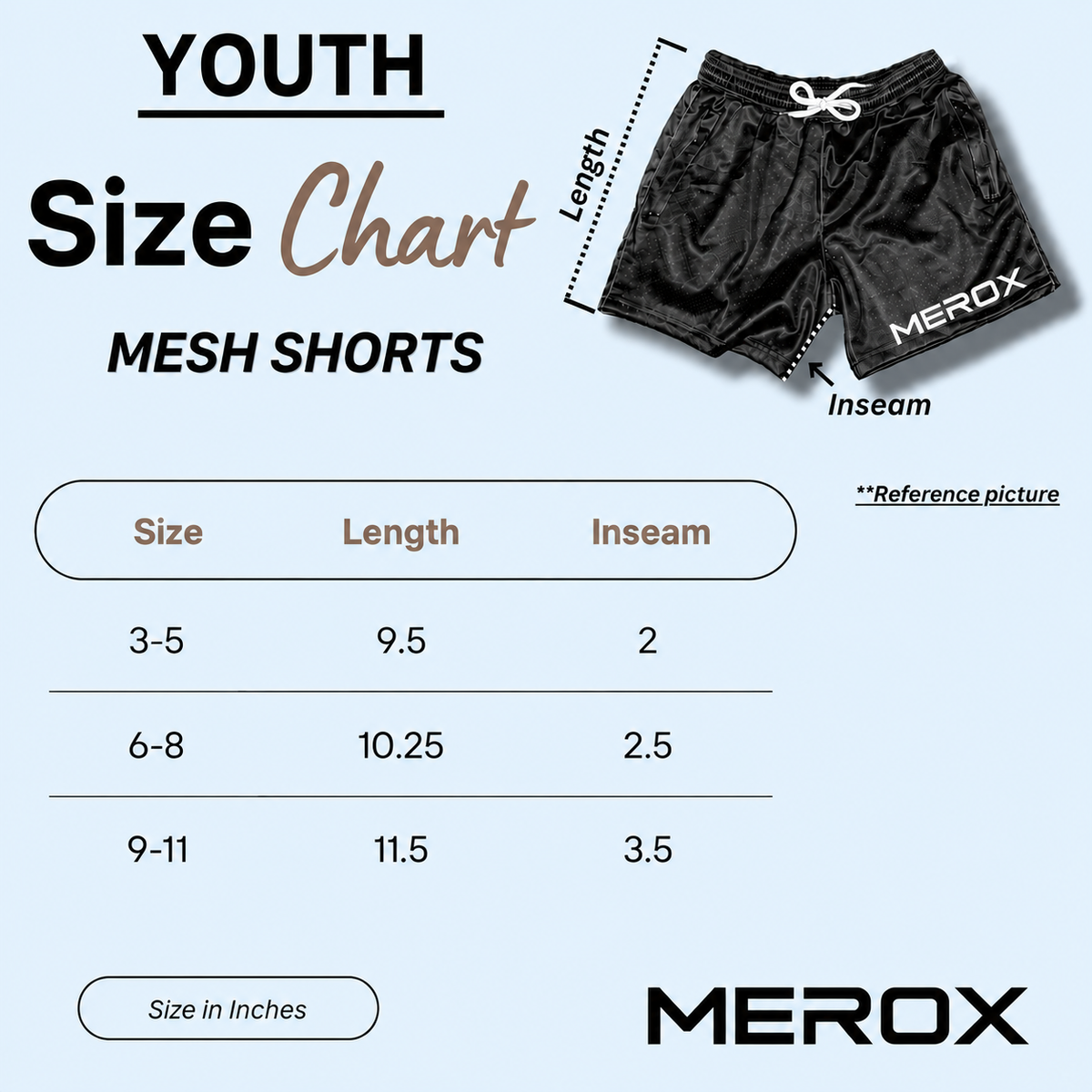 MEROX Youth Mesh Shorts size chart for sizes 3-5, 6-8, and 9-11