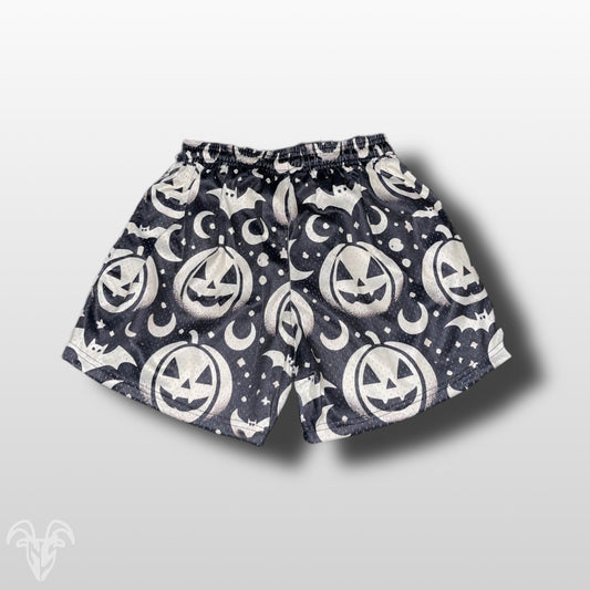 Goat Strength Final Stock – Black & White Jack-o’-Lantern 5-Inch Mesh Shorts