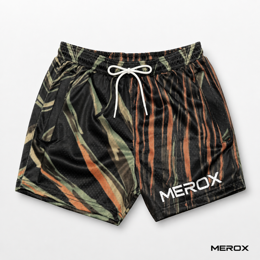 Front view of MEROX Tiger Camo 5-inch mesh shorts