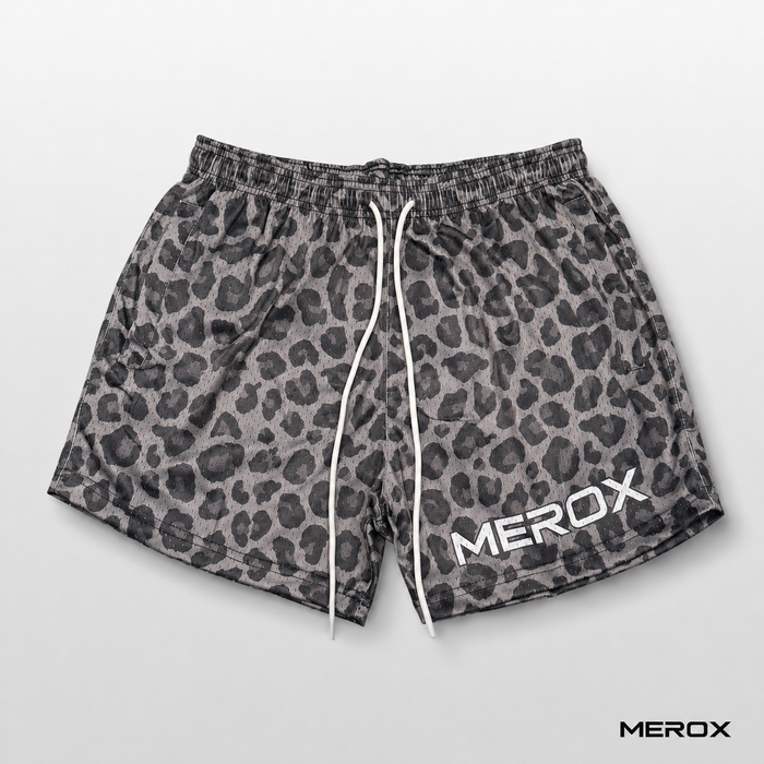 Dark cheetah leopard print mesh shorts front view