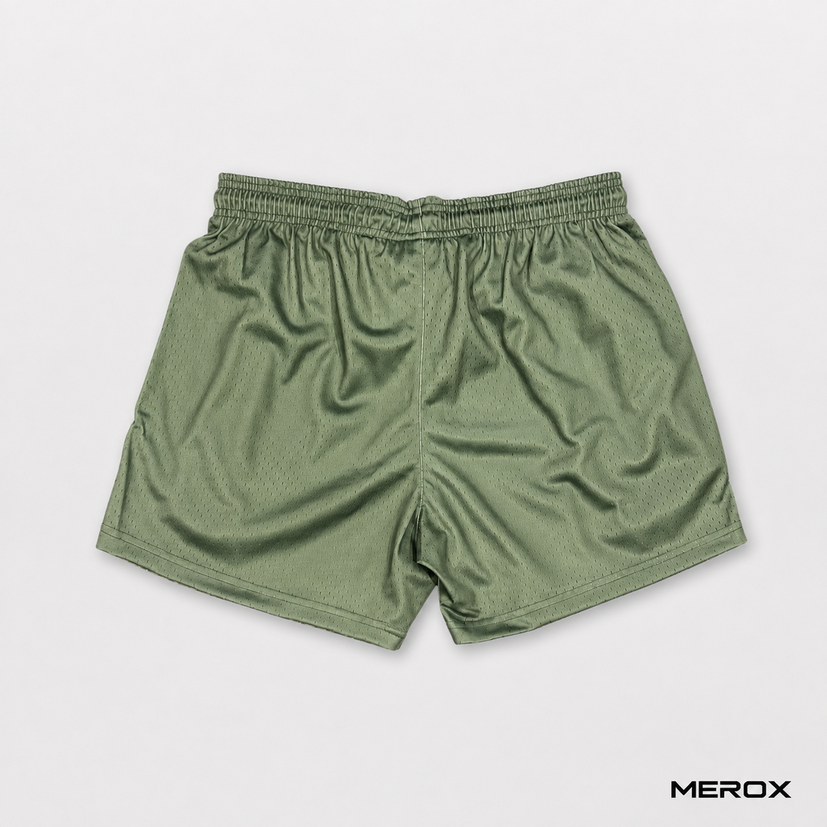 MEROX olive green 5 inch mesh shorts front view