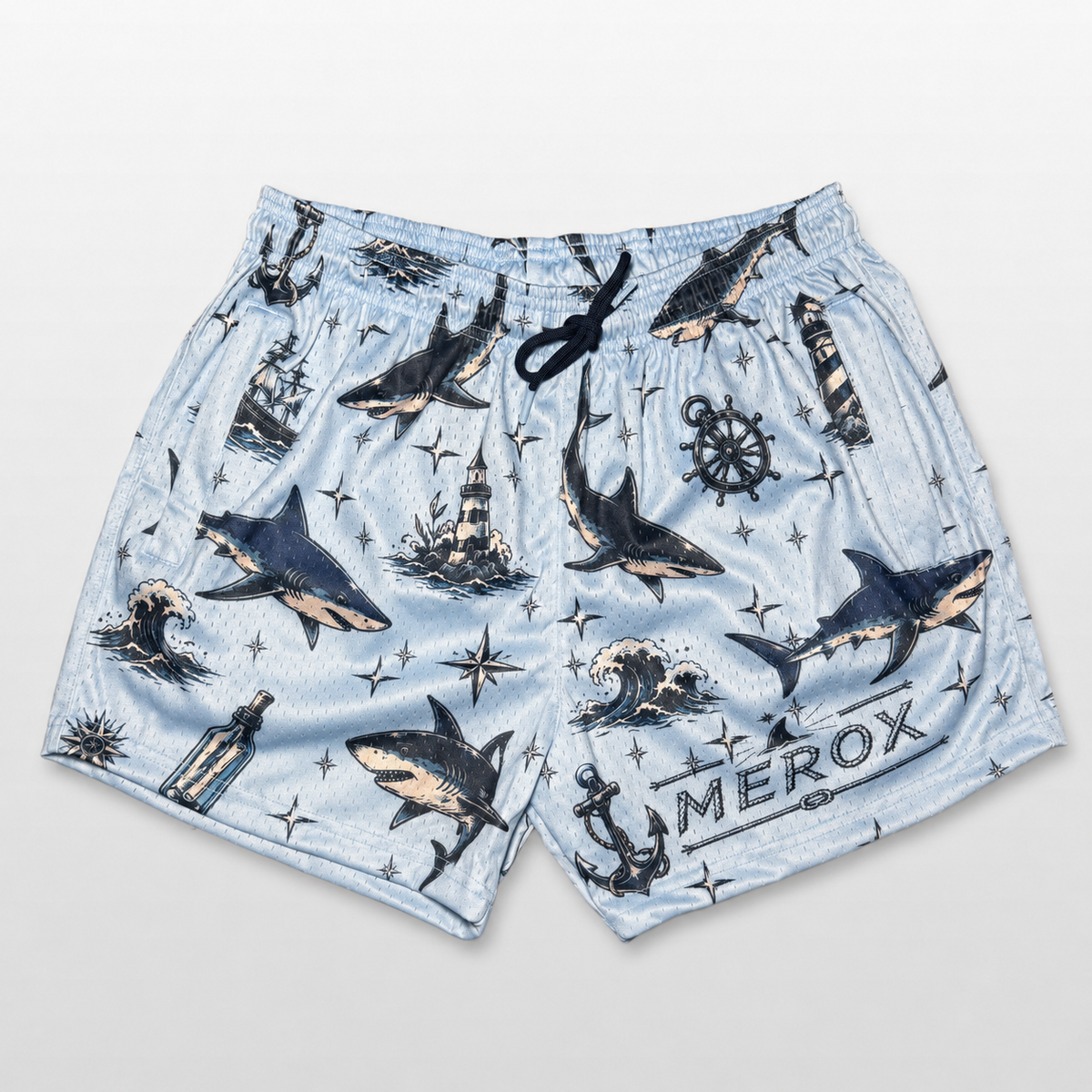 MEROX Shark and Nautical mesh shorts front view