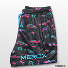 MEROX Miami Vice mesh shorts side view with neon logo