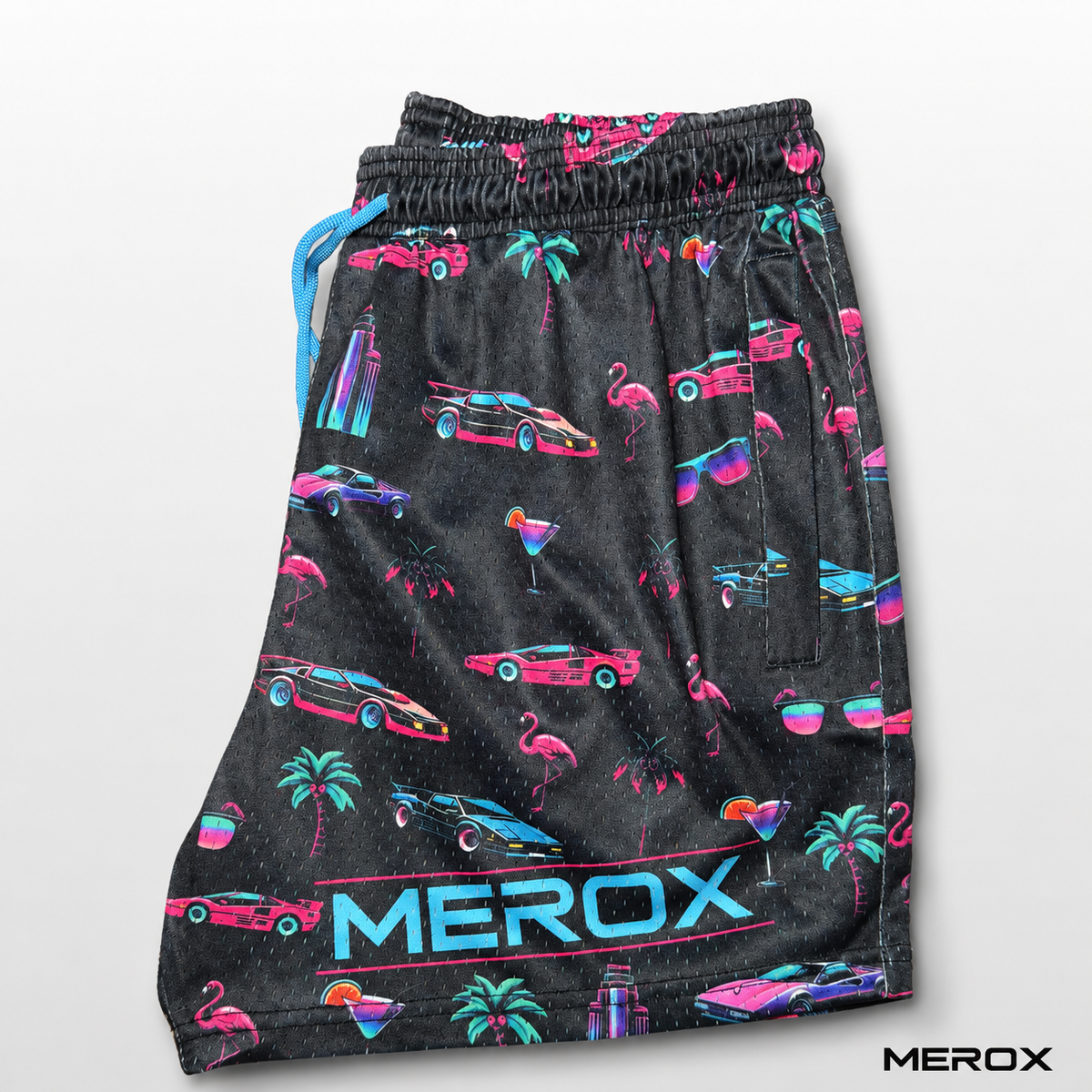 MEROX Miami Vice mesh shorts side view with neon logo