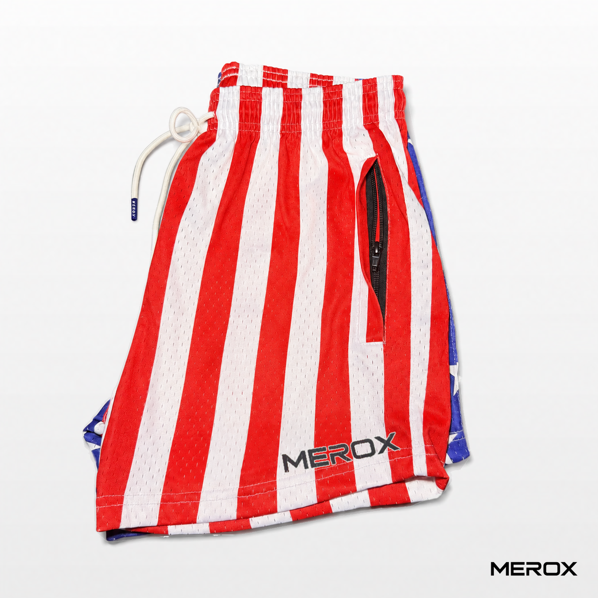 Side view of MEROX USA striped mesh shorts with a small MEROX logo and the zipper pocket shown between its fabric flaps.