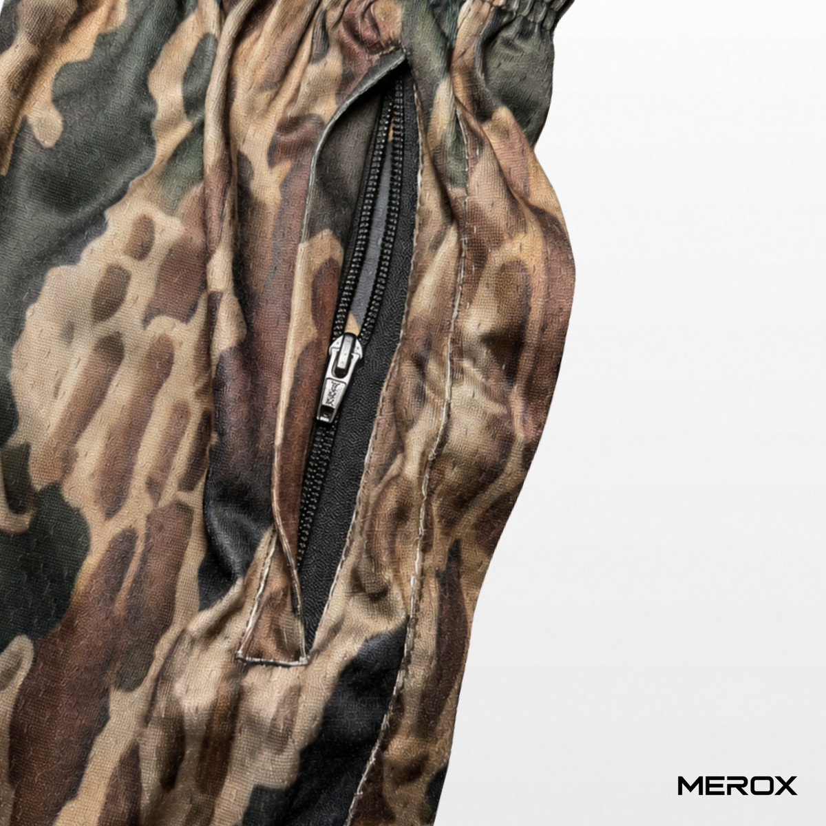 MEROX Old School Camo mesh shorts zipper pocket detail