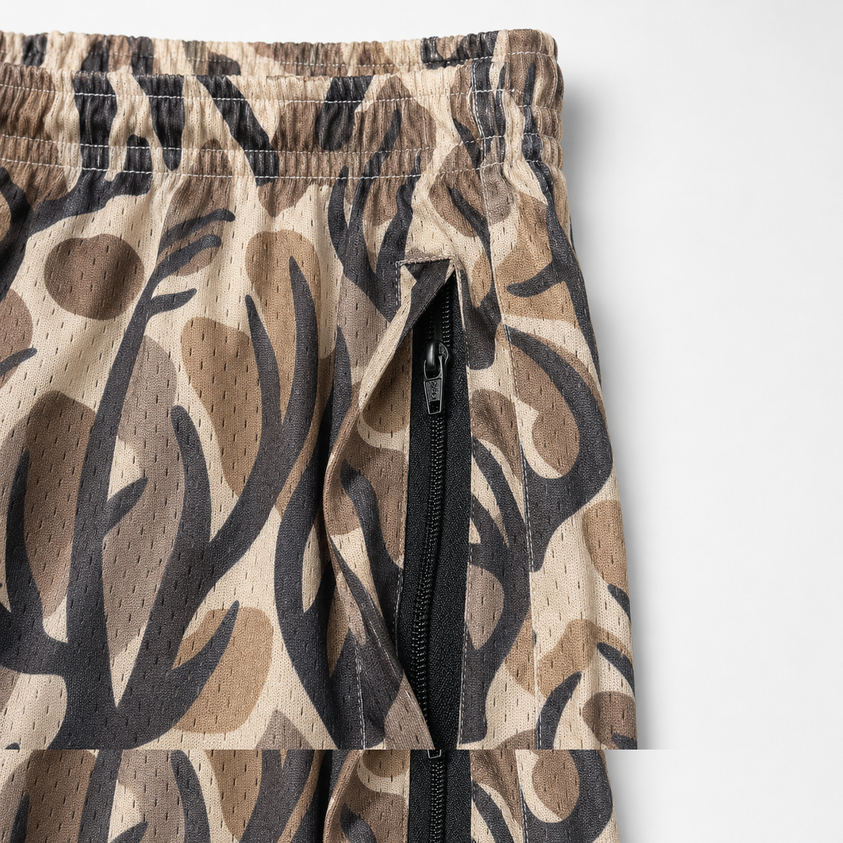 MEROX Antler Camo mesh shorts zipper-pocket detail