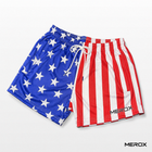 Angled front view of MEROX USA American flag mesh shorts showing the small outer-leg logo, stars and stripes, white drawstring and covered pockets.
