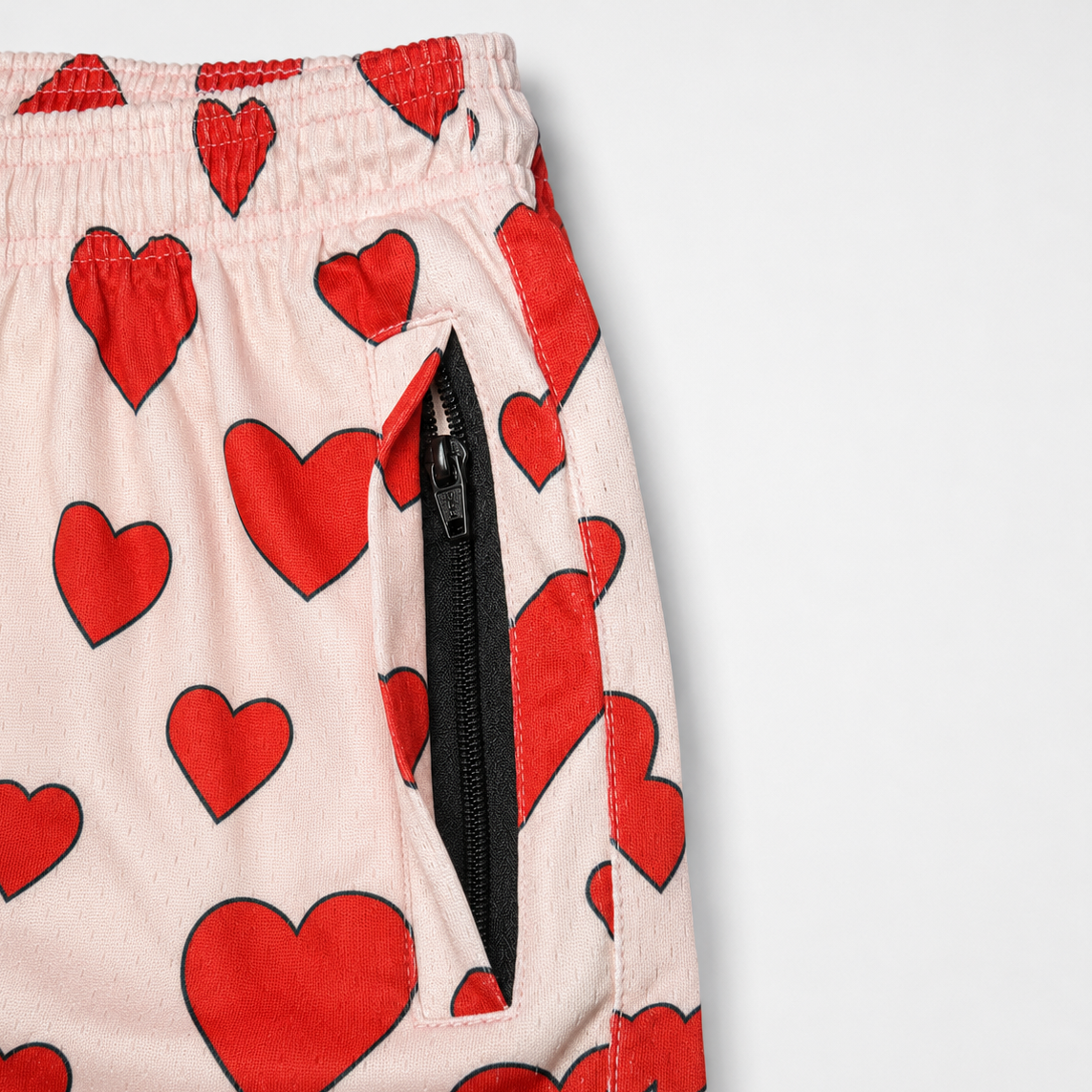 MEROX Valentine Hearts mesh shorts zipper pocket detail