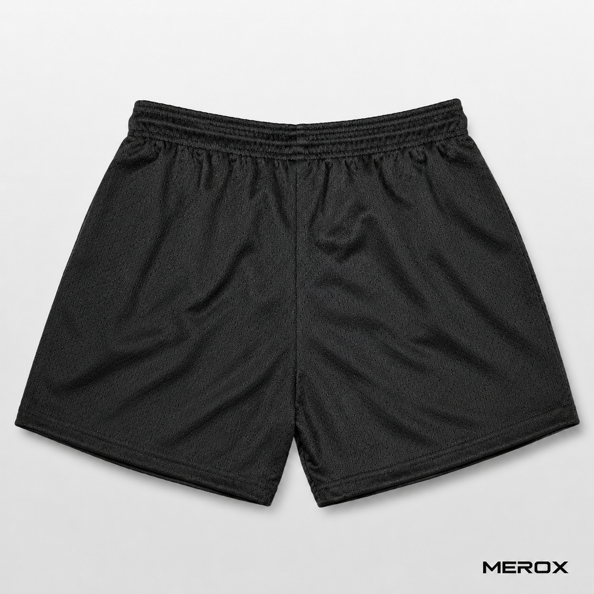 MEROX Solid Black mesh shorts close-up view