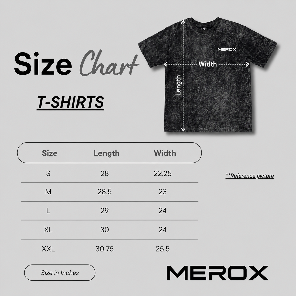 MEROX T-shirt size chart in inches: sizes S, M, L, XL and XXL with length and width measurements