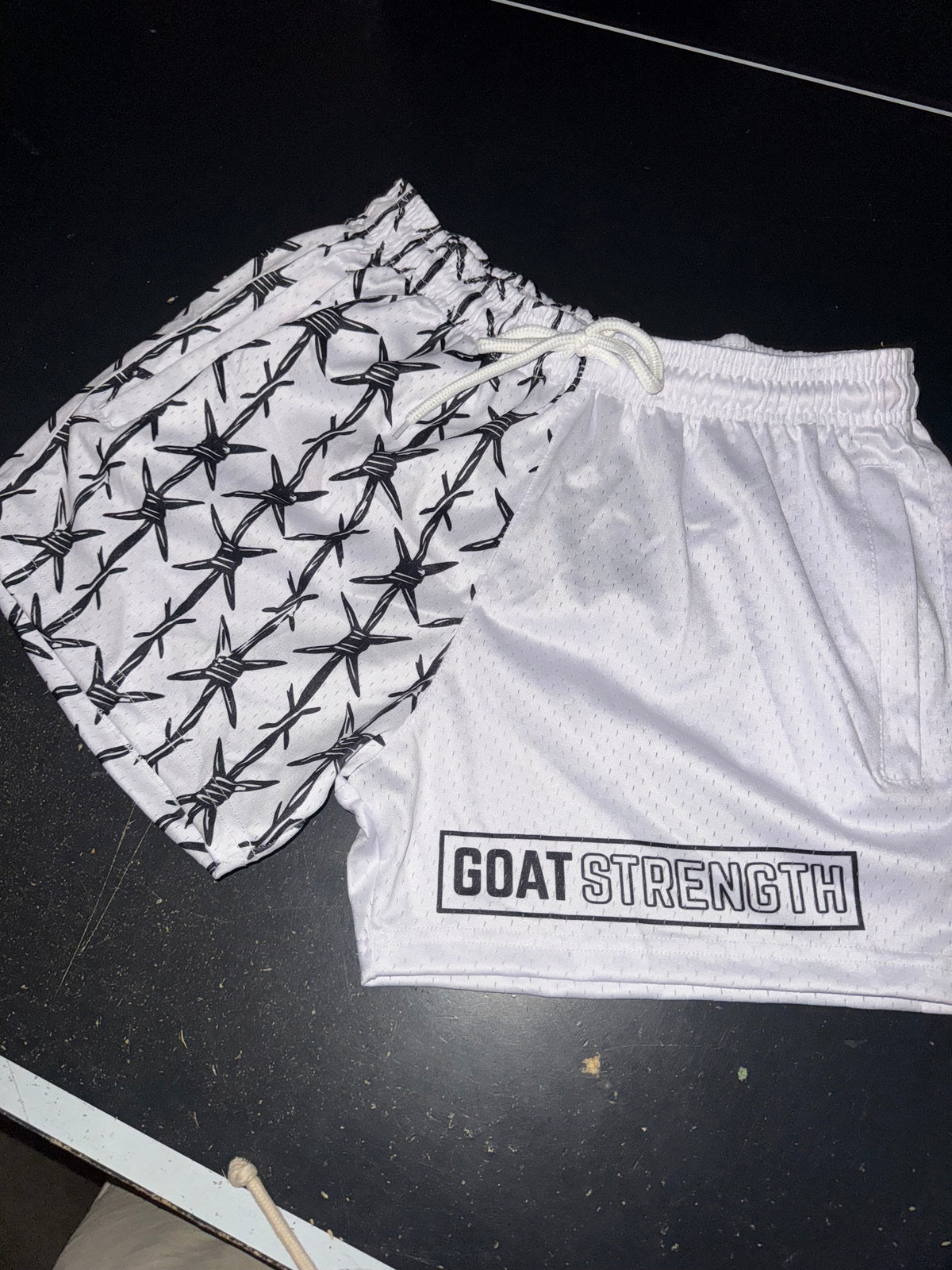 Goat Strength Final Stock – White Half Barbed Wire 5-Inch Mesh Shorts