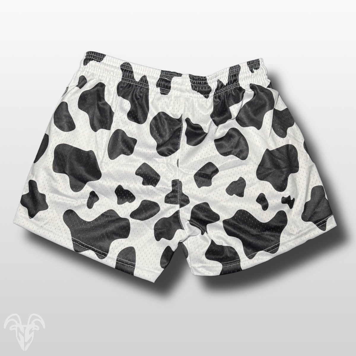 Goat Strength Final Stock – Black & White Cow Print 5-Inch Mesh Shorts