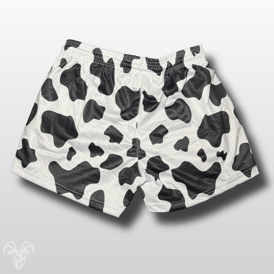 Goat Strength Final Stock – Black & White Cow Print 5-Inch Mesh Shorts