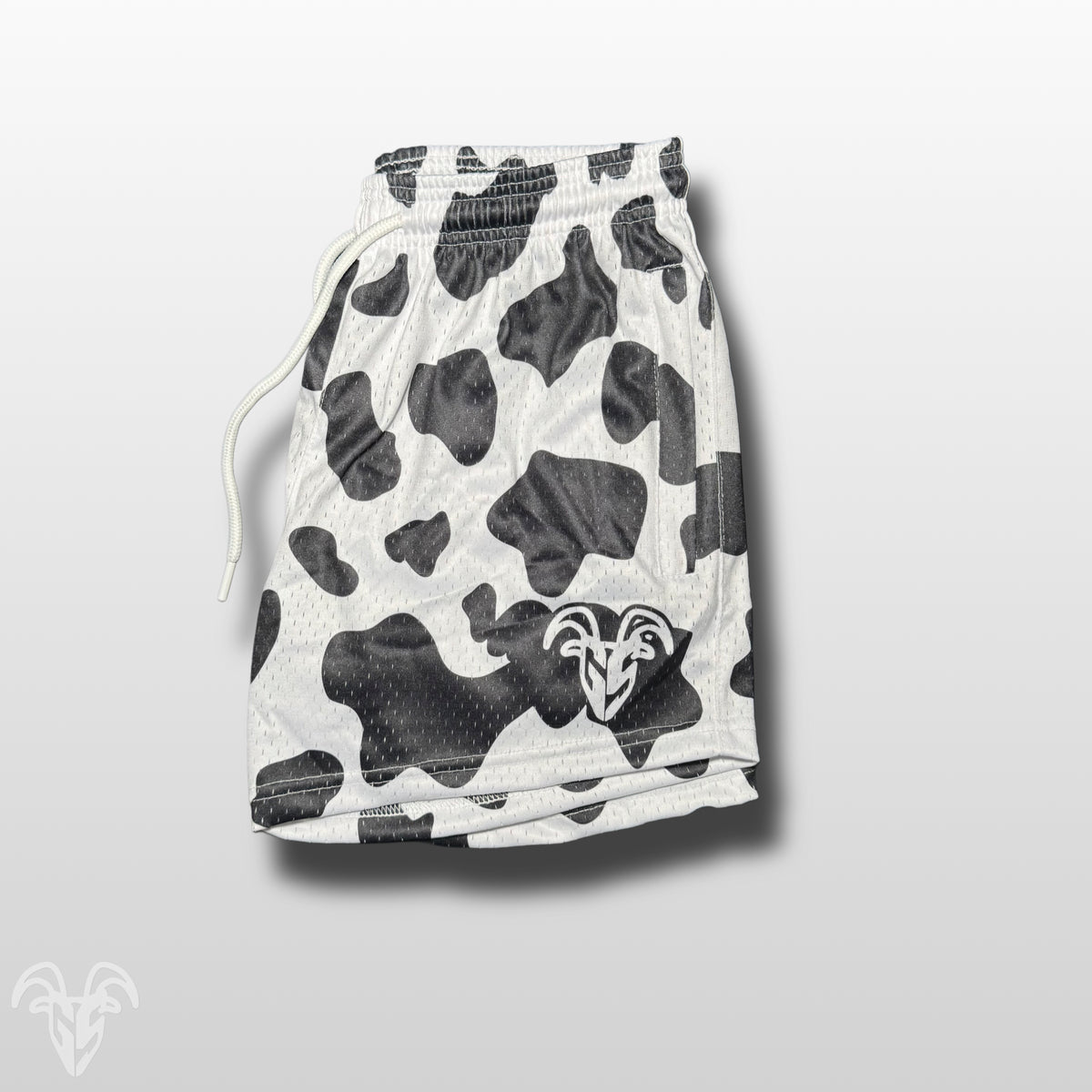 Goat Strength Final Stock – Black & White Cow Print 5-Inch Mesh Shorts