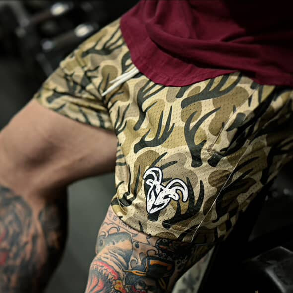 Goat Strength Antler Camo mesh shorts final stock image 2