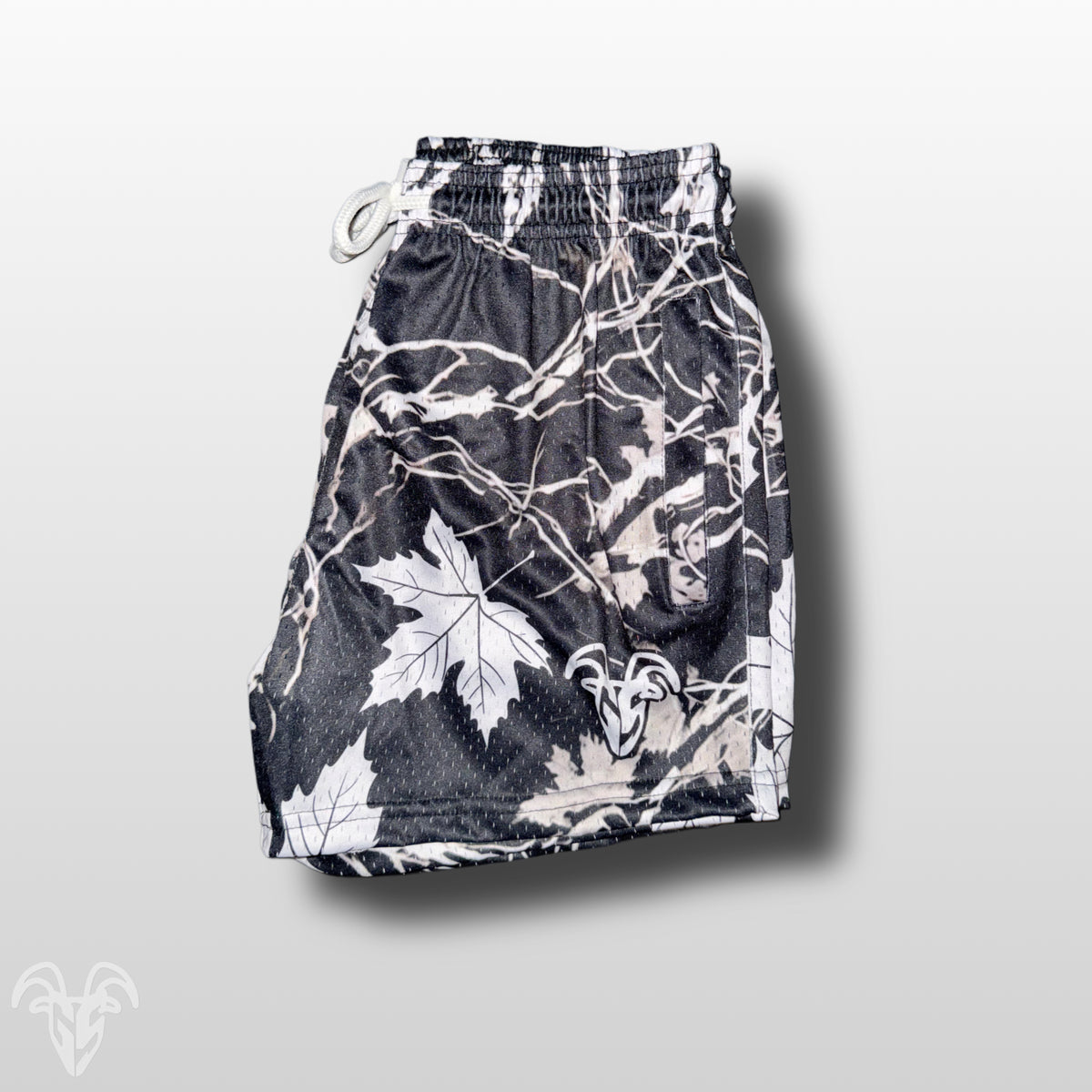Goat Strength Final Stock – Black & White Maple Camo 5-Inch Mesh Shorts