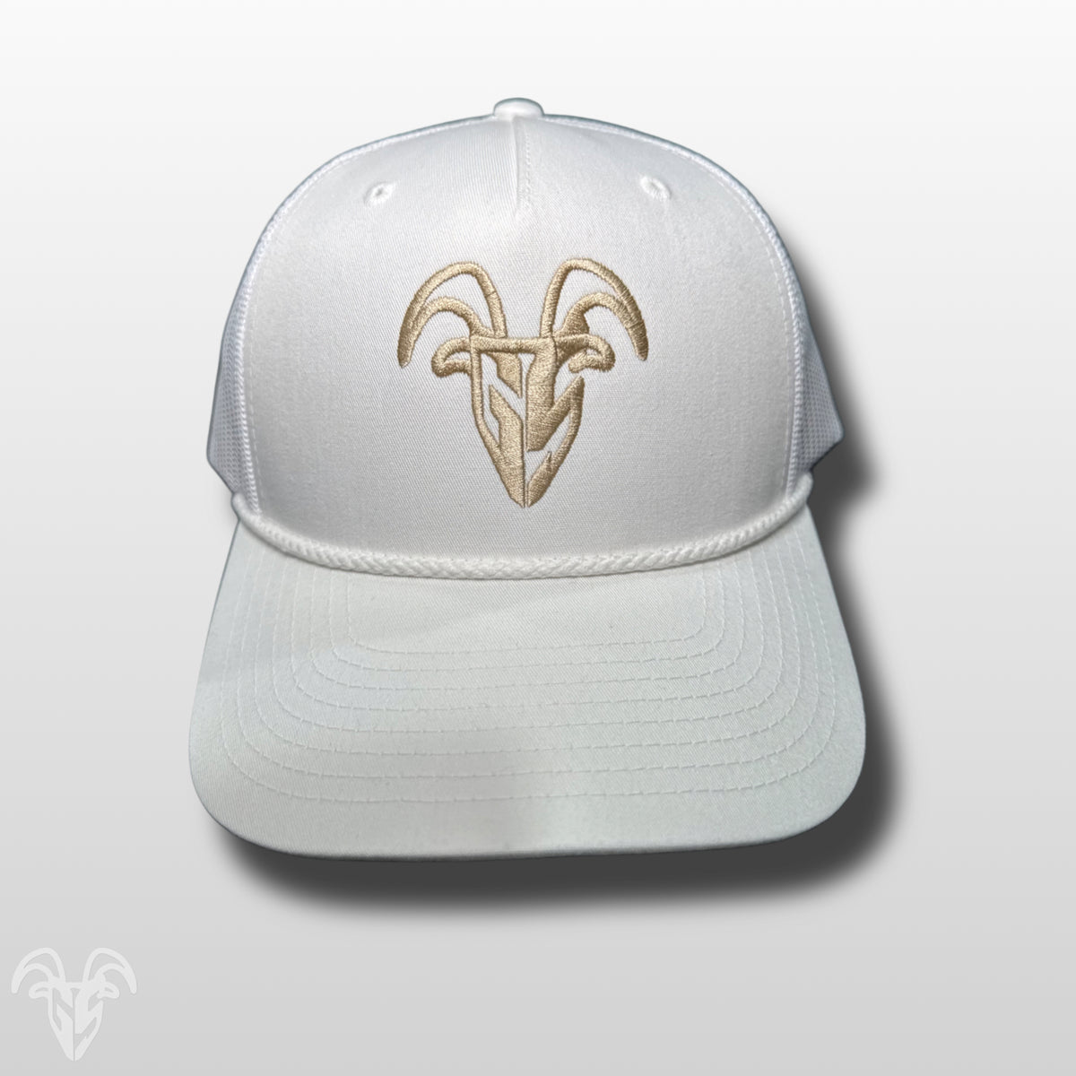 Goat Strength Embroidered Rope WHITE Mesh Trucker Hat – Pre Curved, Mid-Height Pinch Front, Cotton Twill Snapback