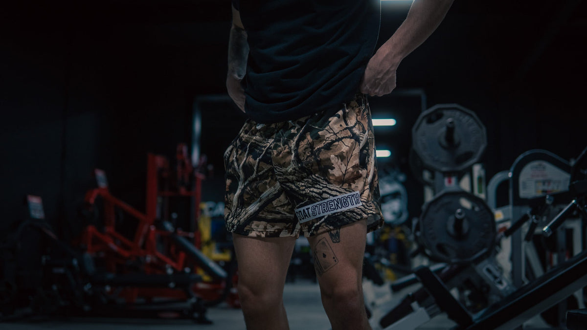 Goat Strength - Men’s 5 inch inseam shorts - Mesh athletic Alternate Logo Hunter Camo Shorts - Zipper pockets - Men's Shorts