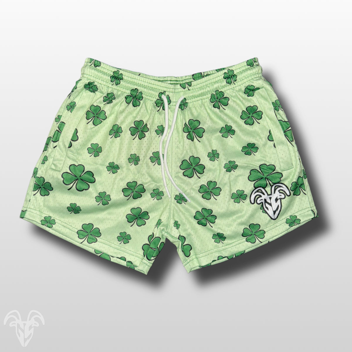 Goat Strength Final Stock – St. Patrick's Day Four-Leaf Clover 5-Inch Mesh Shorts