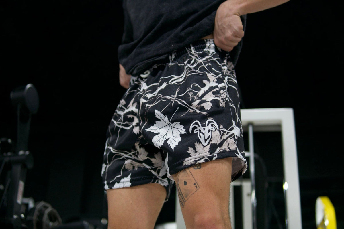 Goat Strength Final Stock – Black & White Maple Camo 5-Inch Mesh Shorts