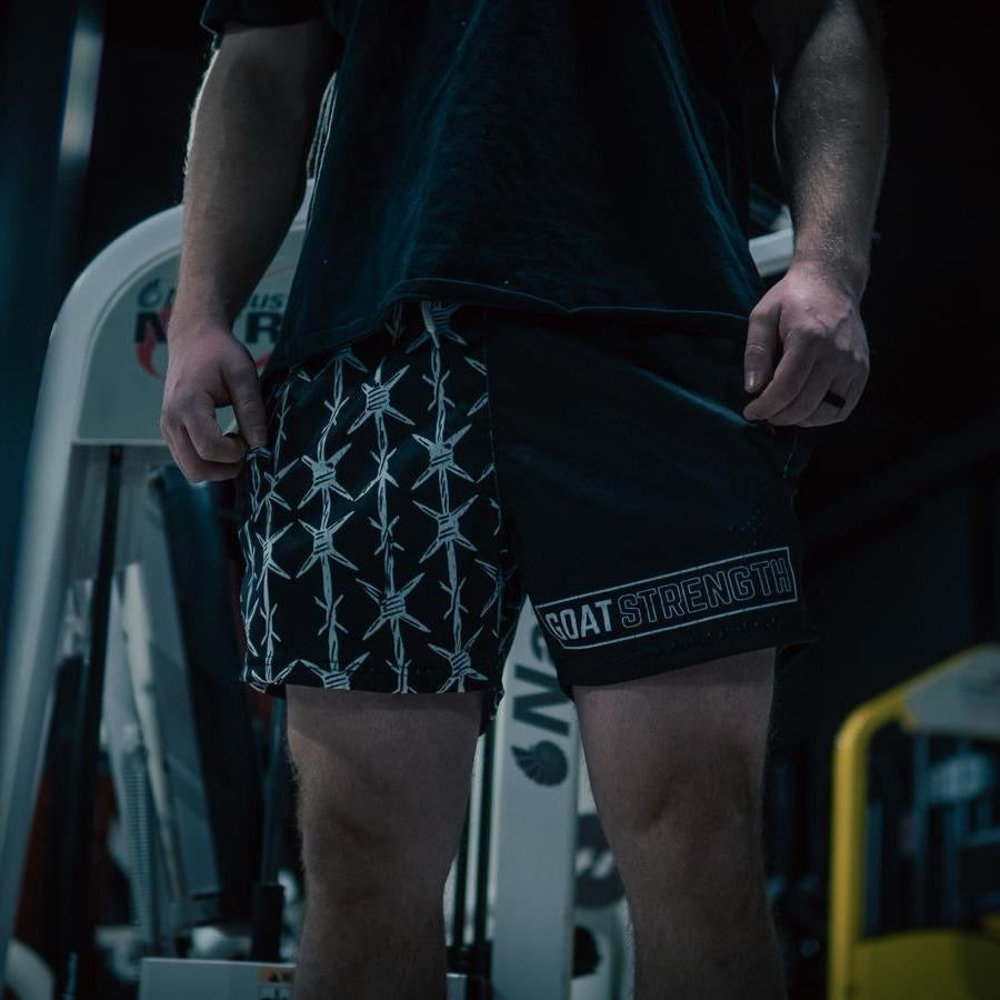 Goat Strength Final Stock – Black Half Barbed Wire 5-Inch Mesh Shorts