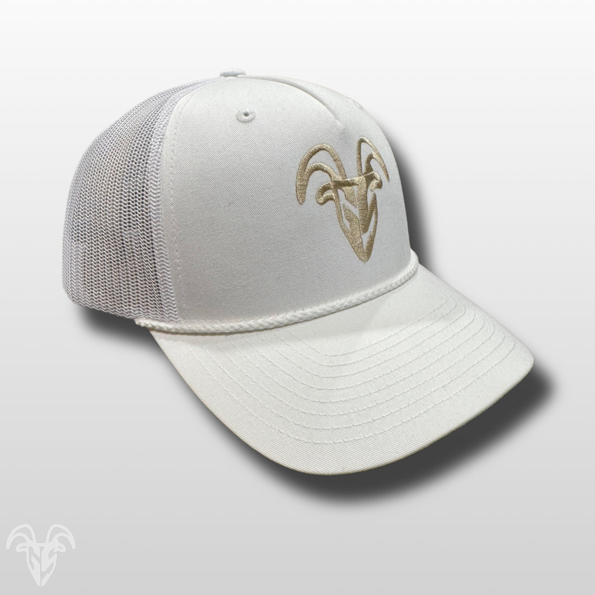 Goat Strength Embroidered Rope WHITE Mesh Trucker Hat – Pre Curved, Mid-Height Pinch Front, Cotton Twill Snapback