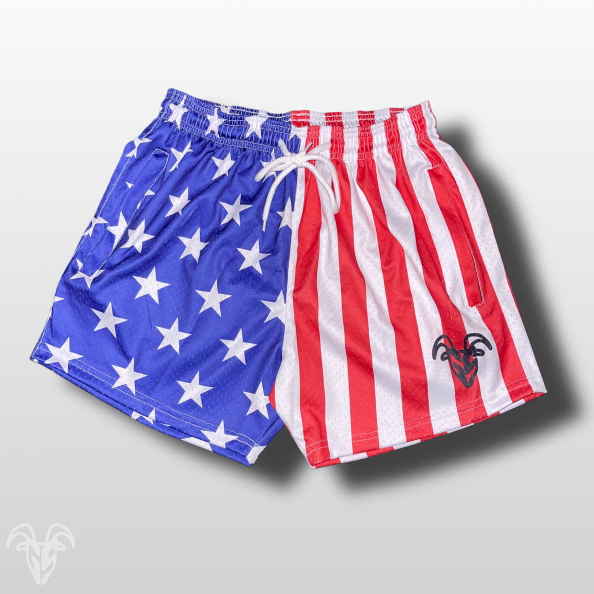 Goat Strength USA American flag mesh shorts front view