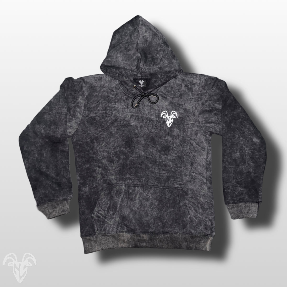 Goat Strength black acid wash embroidered hoodie front