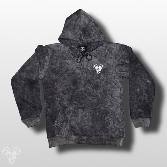 Goat Strength black acid wash embroidered hoodie front