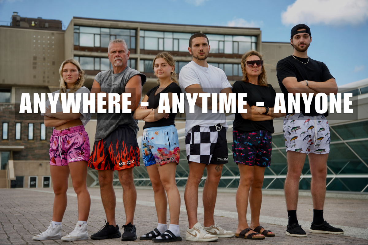 Six people wearing MEROX shorts together outdoors. Anywhere, anytime, anyone.