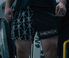 Man wearing MEROX Half Black Barbed Wire mesh shorts; approved existing-photo logo correction