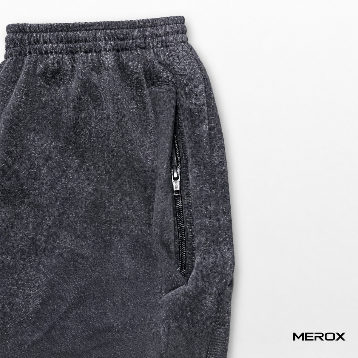 MEROX Black Acid Wash cotton shorts zipper pocket detail