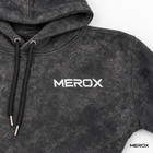MEROX embroidered logo detail on black acid wash hoodie