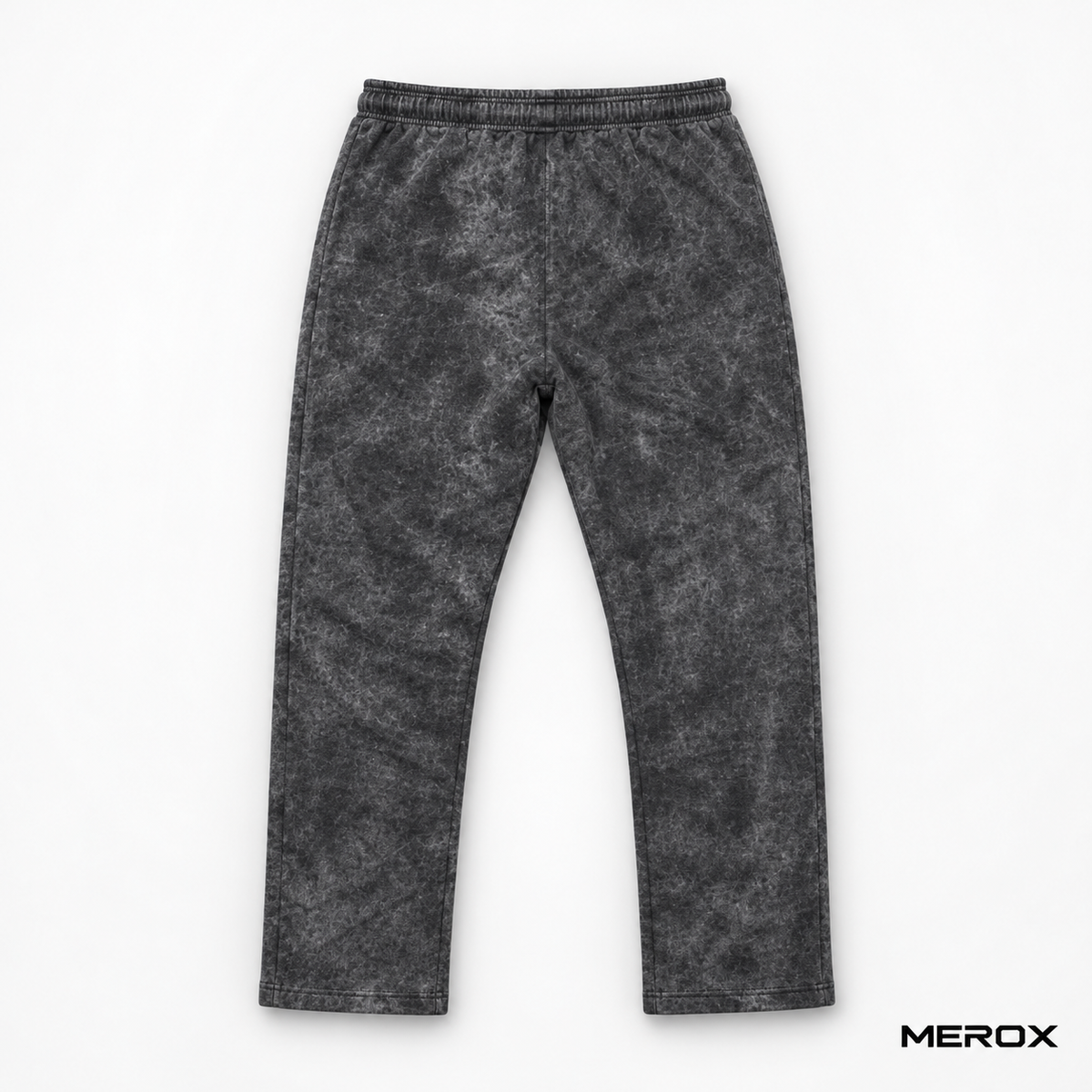 Back view of MEROX black acid wash joggers showing straight legs and open hems