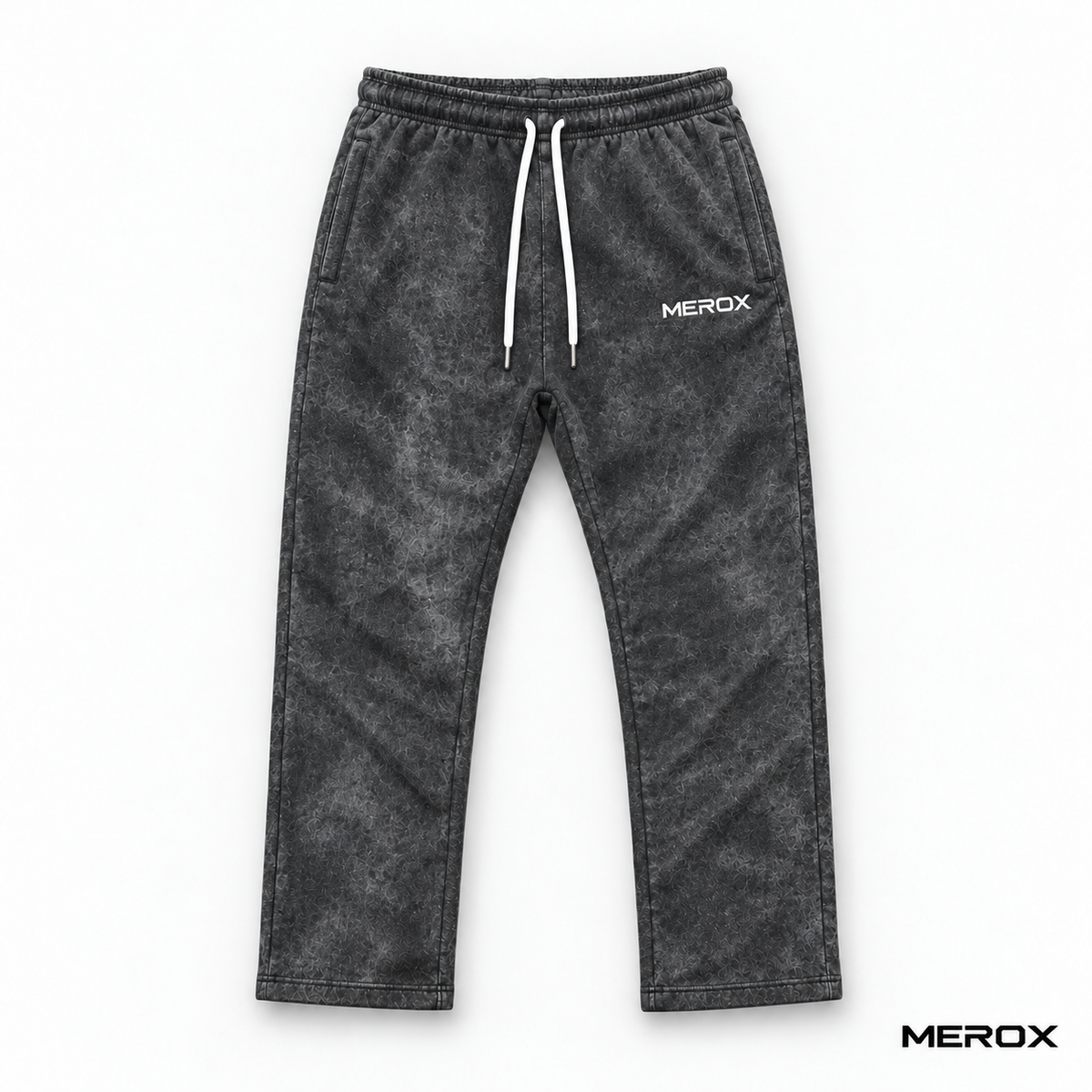 Front view of MEROX black acid wash straight-leg joggers with white embroidery and drawstrings