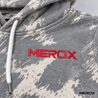 Red embroidered MEROX logo on black scratch camo hoodie