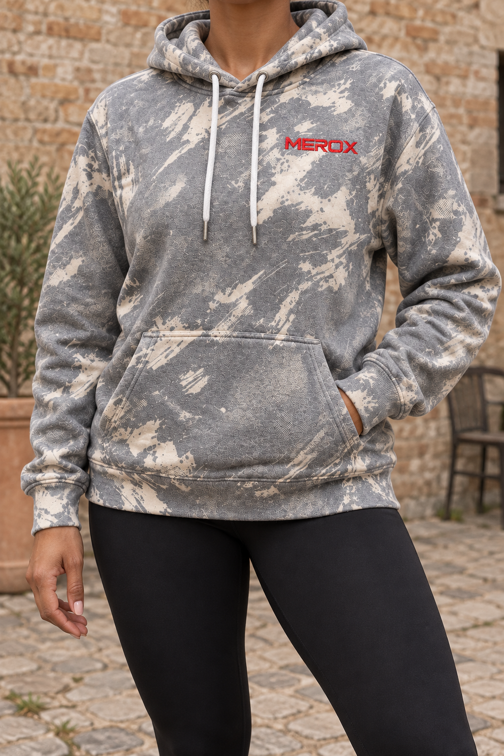 MEROX black scratch camo embroidered hoodie on female model
