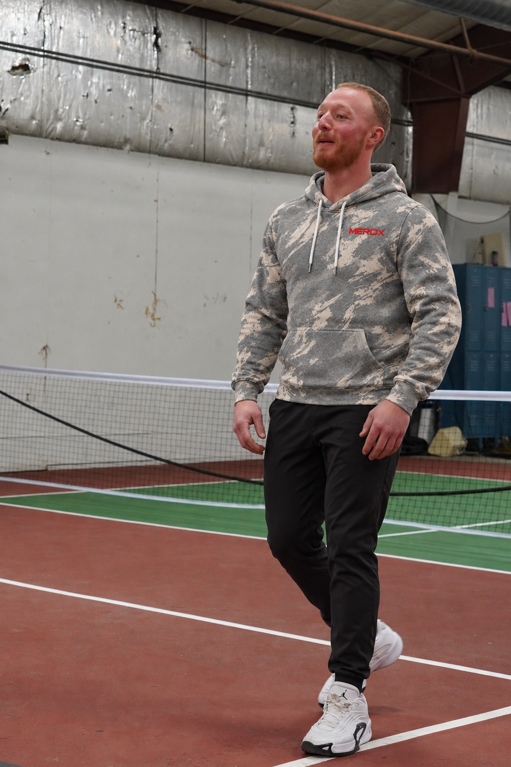 MEROX black scratch camo embroidered hoodie on male model