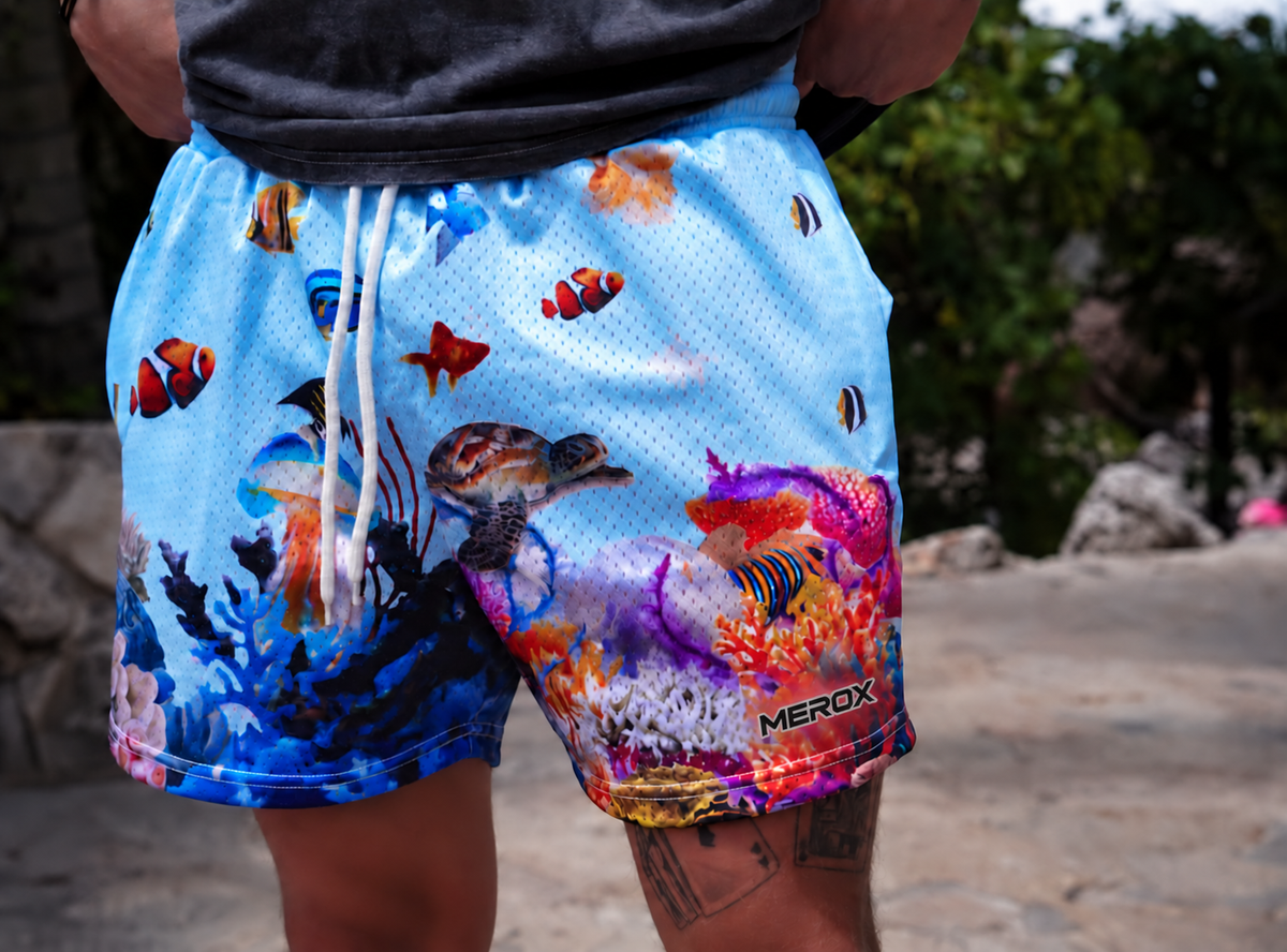 Real adult male Ocean model photo with AI-assisted small MEROX logo retouch and upscaling