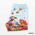 MEROX Blue Ocean mesh shorts branded side view showing coral reef artwork