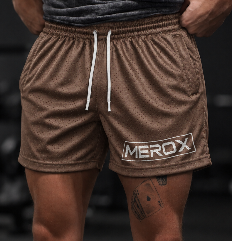 Approved male model wearing MEROX Brown mesh shorts