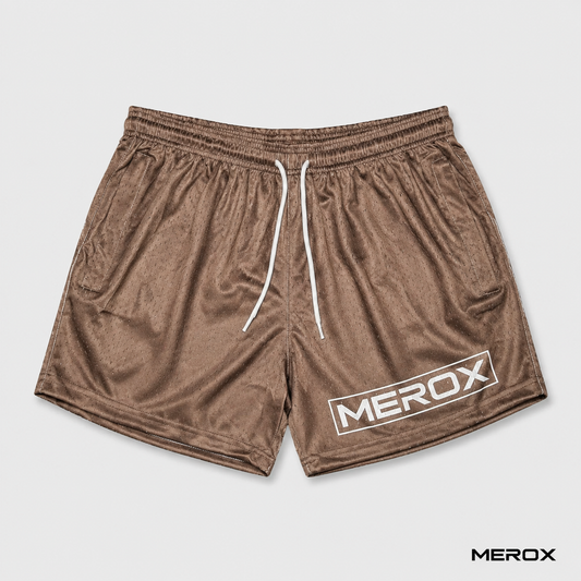 MEROX Brown 5-inch mesh shorts front view