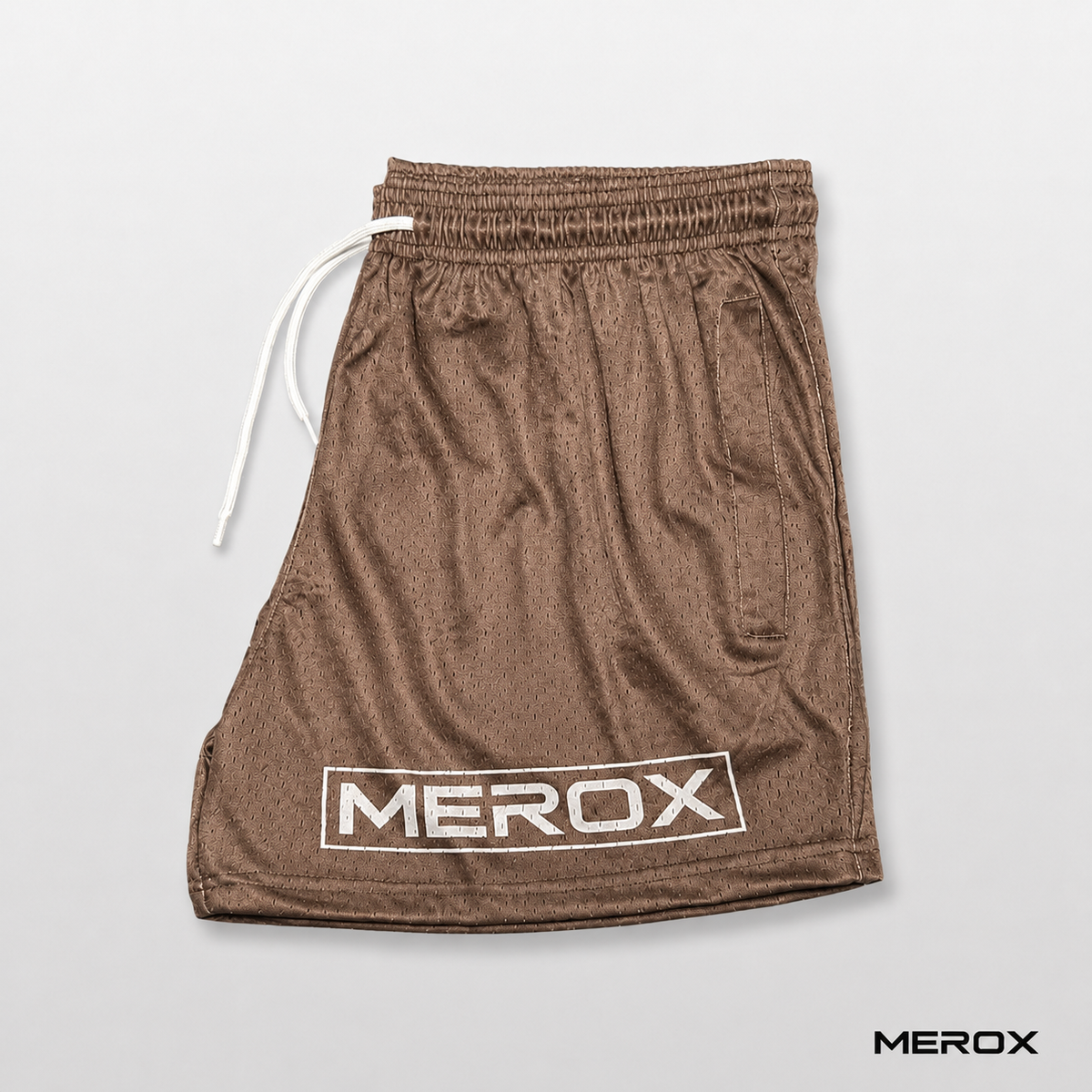 MEROX Brown 5-inch mesh shorts side view with logo