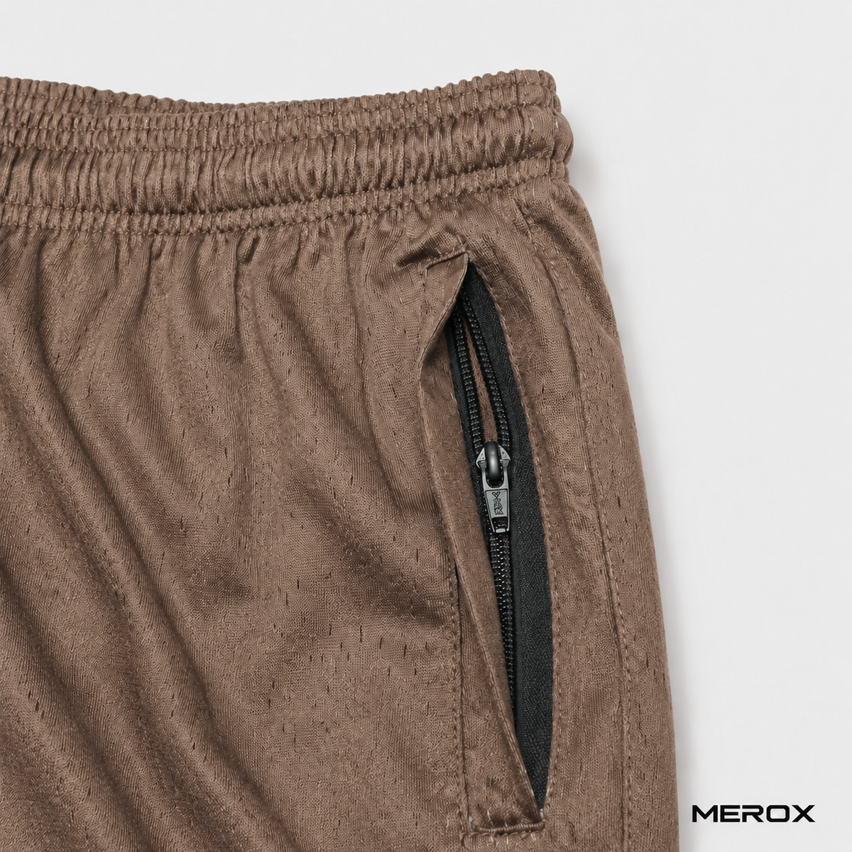 MEROX Brown mesh shorts zipper pocket detail